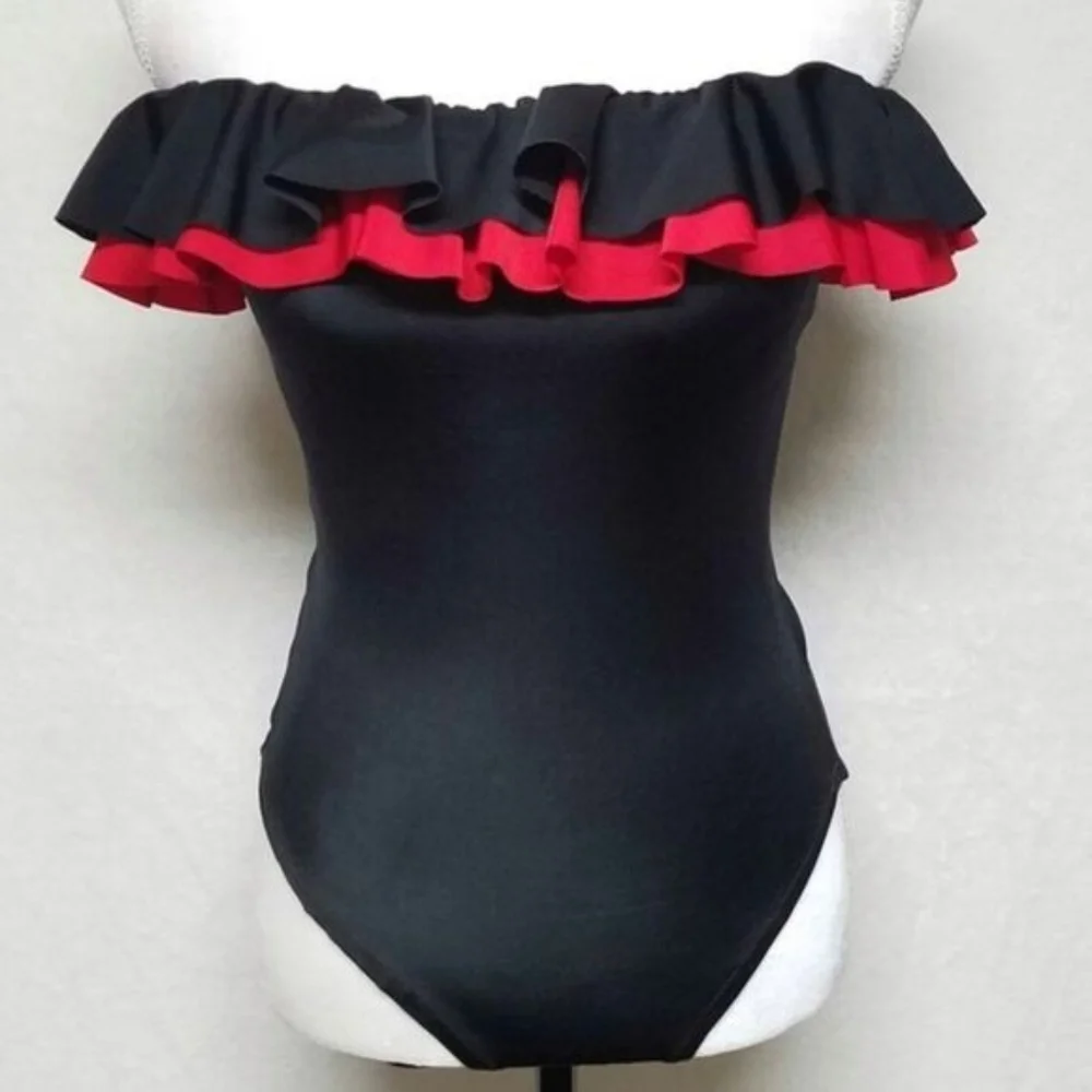Bill Blass Vintage 70s Black Red Strapless Ruffle Bustier Swimsuit Bodysuit 10